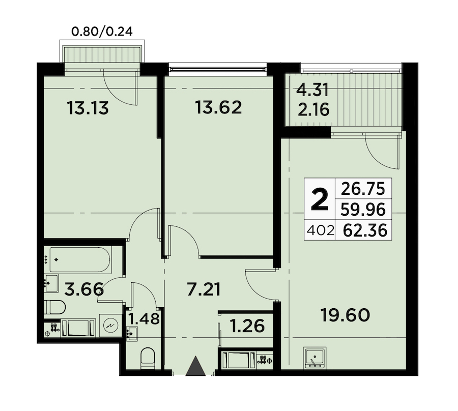 2-комнатная квартира 62.36 м², 3/14 эт., ЖК «GloraX City Zanevsky»